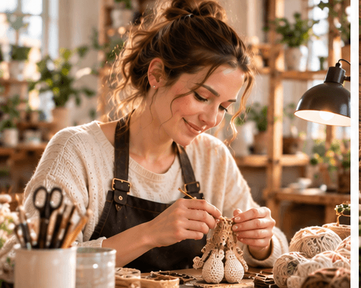 Handmade crochet artisan working carefully in a warm studio