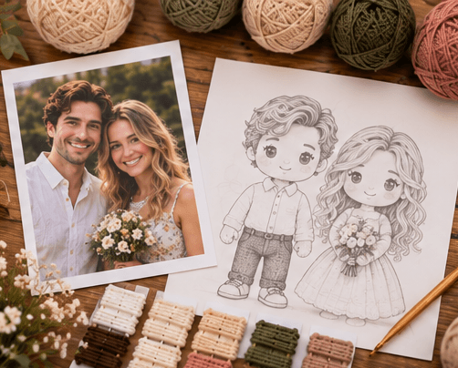 Customer reference photo, sketch, yarn colors and handmade design planning