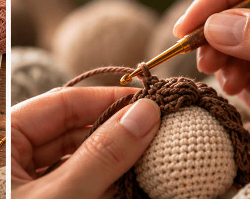 Close-up of careful crochet stitching by hand