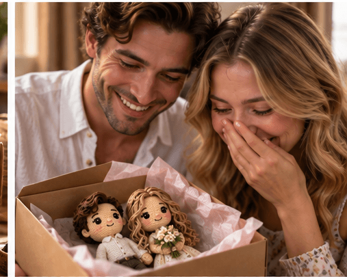 Customer opening a handmade crochet gift with an emotional reaction