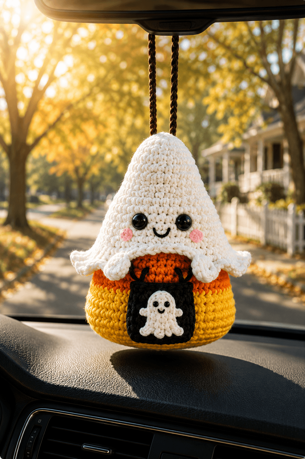 Custom Halloween Ghost Crochet Car Charm I Candy Corn Spooky - Image 3
