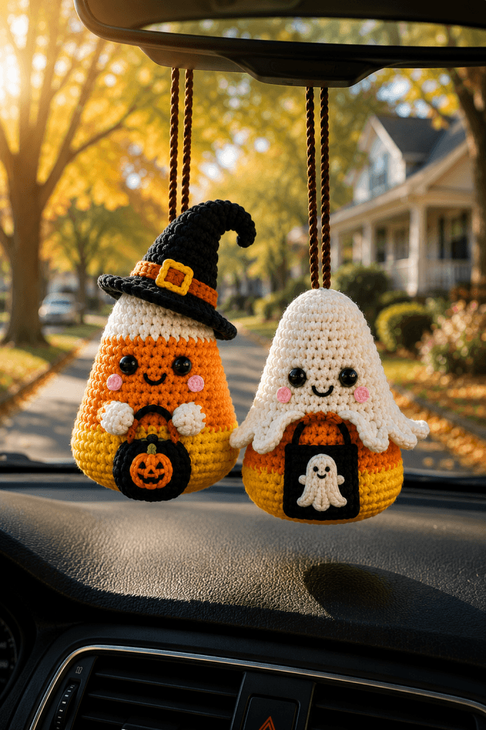 Custom Halloween Ghost Crochet Car Charm I Candy Corn Spooky