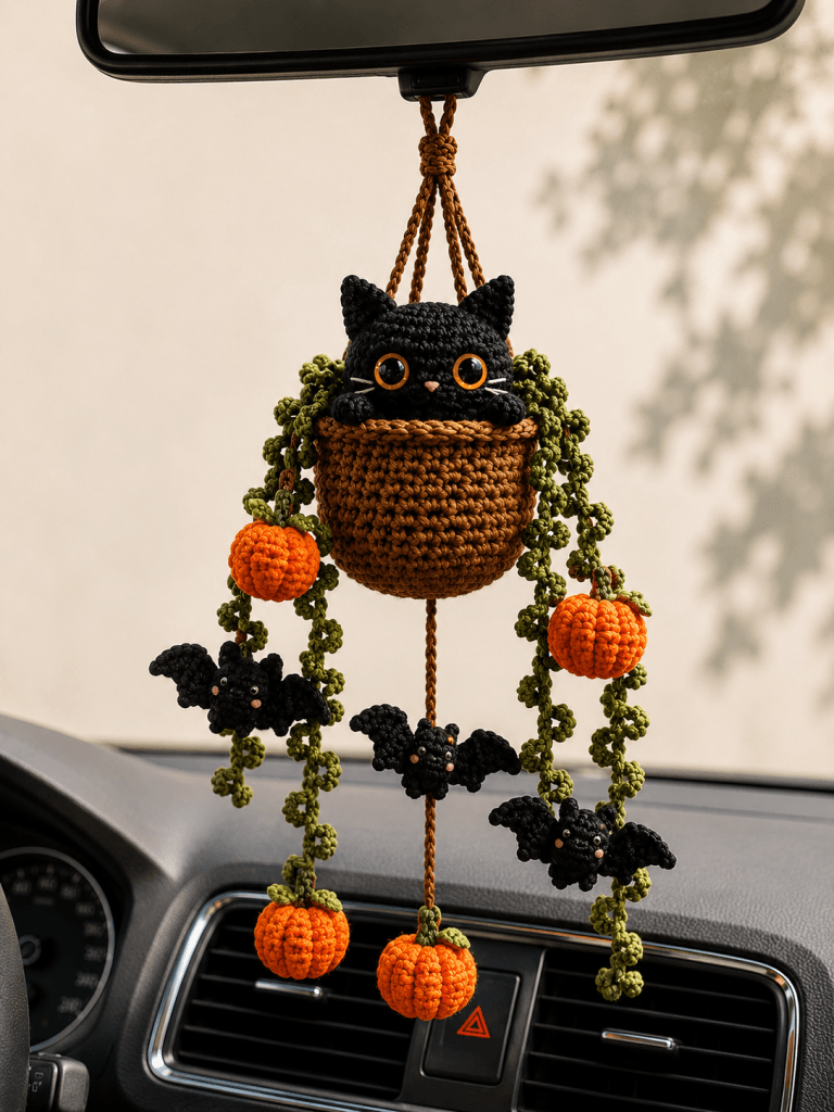 Custom Crochet Witch Car Charm | Handmade Rearview Mirror Decor | Spooky Car Decor